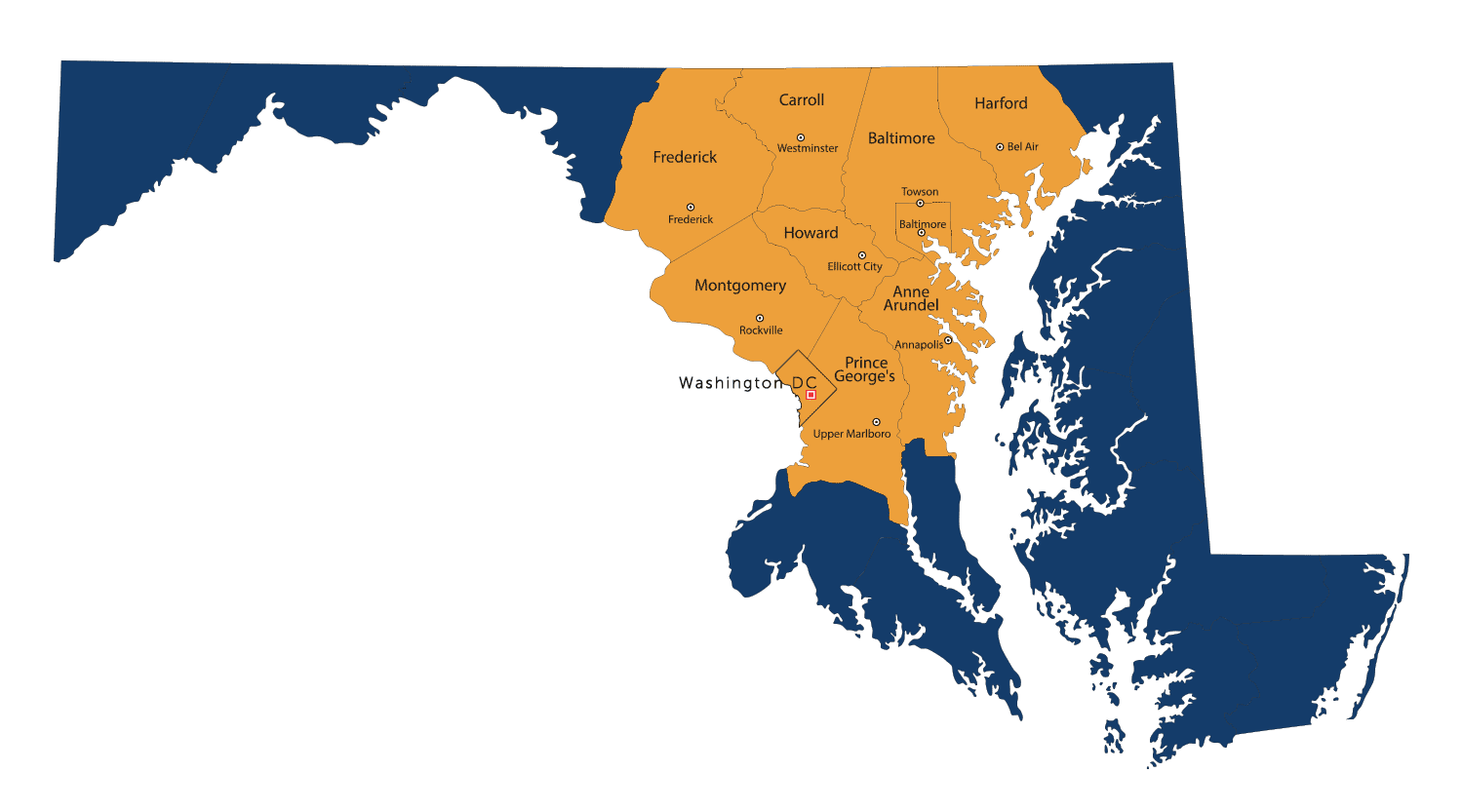 map of service areas in Maryland and Washington D.C.